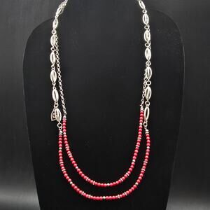 Brighton Red Beaded Necklace Silver Tone Double Strand